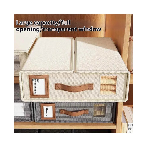 Foldable, breathable and moisture-resistant storage box with leather handle for bed sheets and other bedding (2-piece set) 1