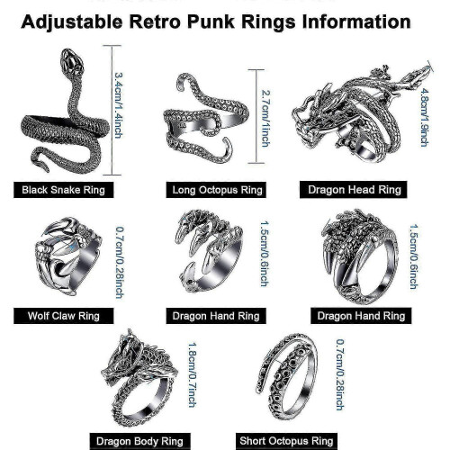 8 Pieces Vintage Punk Rings Octopus Dragon Snake Adjustable Ring 1