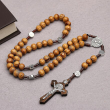 Collana rosario in legno d'ulivo, rosario cattolico con croce di perline di legno, rosario fatto a mano con catena in le