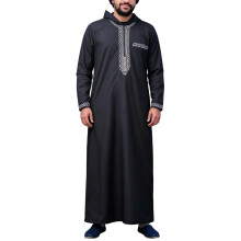 Männer Applikation Muslime Hemd Kaftan Robe Langarm-Schwarz XL