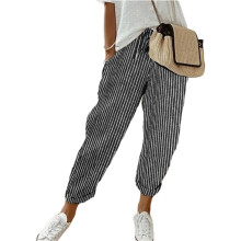 Pantalon à jambes larges en lin pour femmes,-Noir XXL