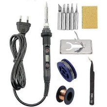 (Black Set) LCD Digital Adjustable Temperature 80W Soldering Iron Electric Welding Tools Solder Wire Tweezers Hand