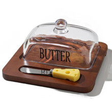 Elegant Nordic Style Butter Dish with Lid, Wooden Tray & Glass Cover - Stylish Kitchen Accessory with Butter Cutter B