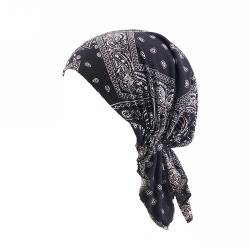 Elastisk bomulls trykt hodeplagg lue - Komfortabelt hodeplagg for kvinner Black