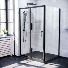 1200mm Black Sliding Door 760mm Frameless Side Panel & Slate Grey Tray