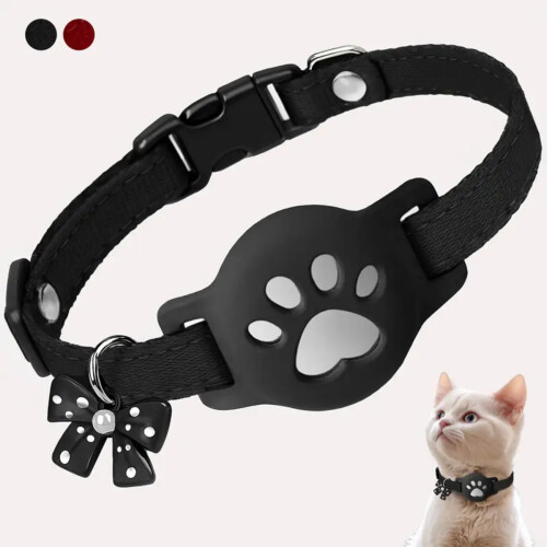 Adjustable Reflective Cat Collar with Silicone Holder compatible with Apple AirTag - Waterproof Polyester Pet Tracker Strap Black 1