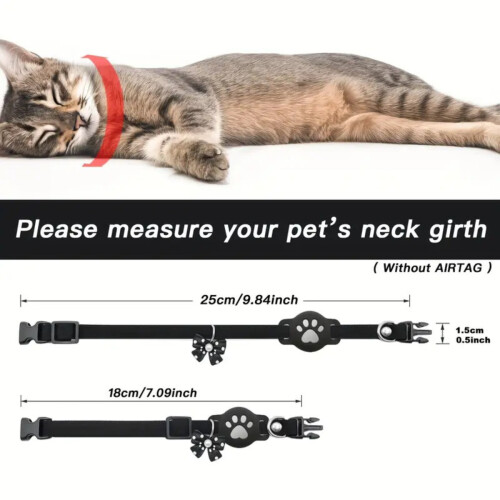 Adjustable Reflective Cat Collar with Silicone Holder compatible with Apple AirTag - Waterproof Polyester Pet Tracker Strap Black 2