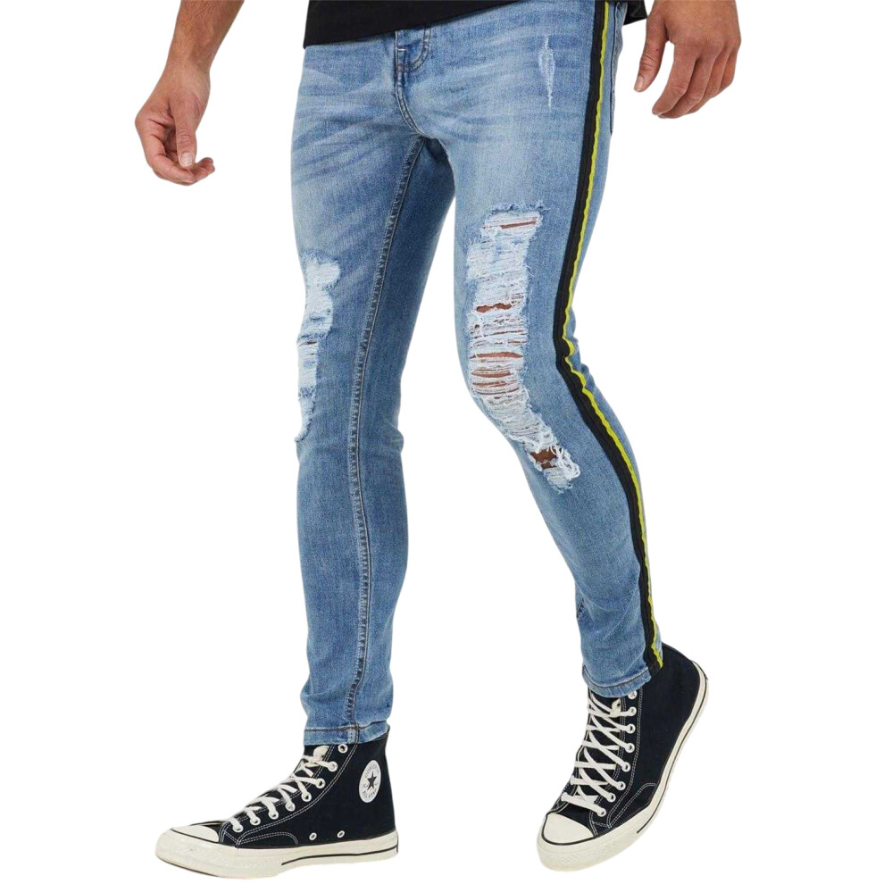Brave Soul (32R, Blue) Mens Denim Distressed Taped Jeans