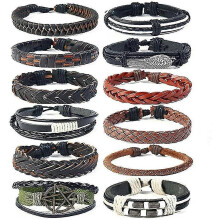 Pulseira vintage entrançada de pele bovina com 12 peças para homem, combinação de cordão de couro para bricolage, cordão