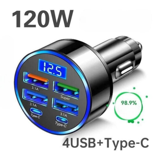 Φορτιστής Αυτοκινήτου 6 σε 1 - 120W με Ψηφιακή Οθόνη – USB & Type-C, Υπερταχεία