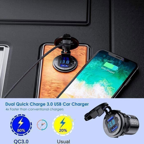 Γρήγορη φόρτιση QC 3.0 Διπλή θύρα αδιάβροχος φορτιστής αυτοκινήτου USB με 1