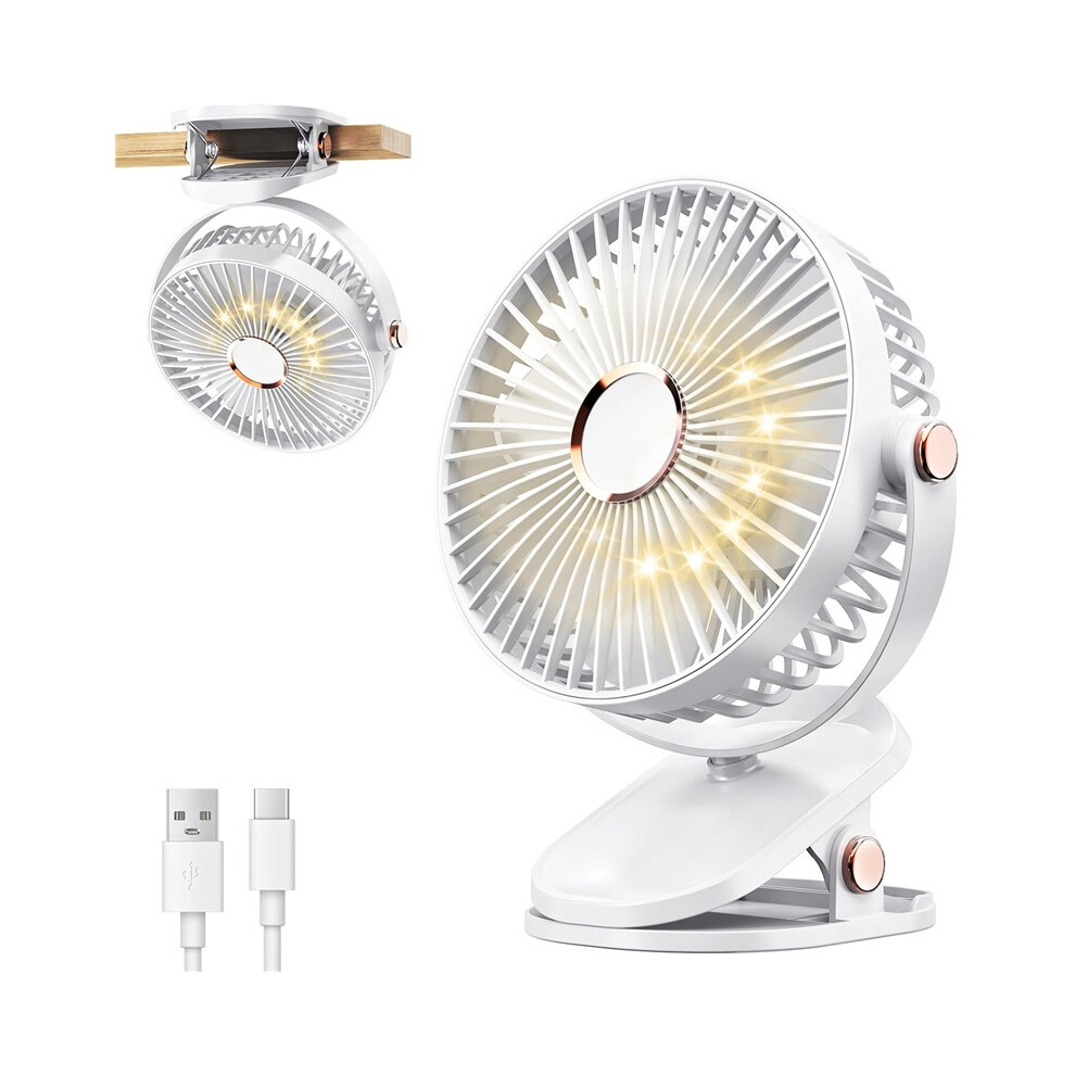 Off- Portable Clip-On Desk Fan 1200Mah Brushless Motor Usb Rechargeable 4-Speed Quiet Mini Fan With Led 360 Rotating Personal White/Light 8584618871822