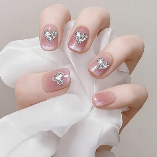 (XS) Ongles Faux Rose Blush Strass 1