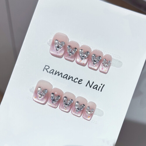 (XS) Ongles Faux Rose Blush Strass 2