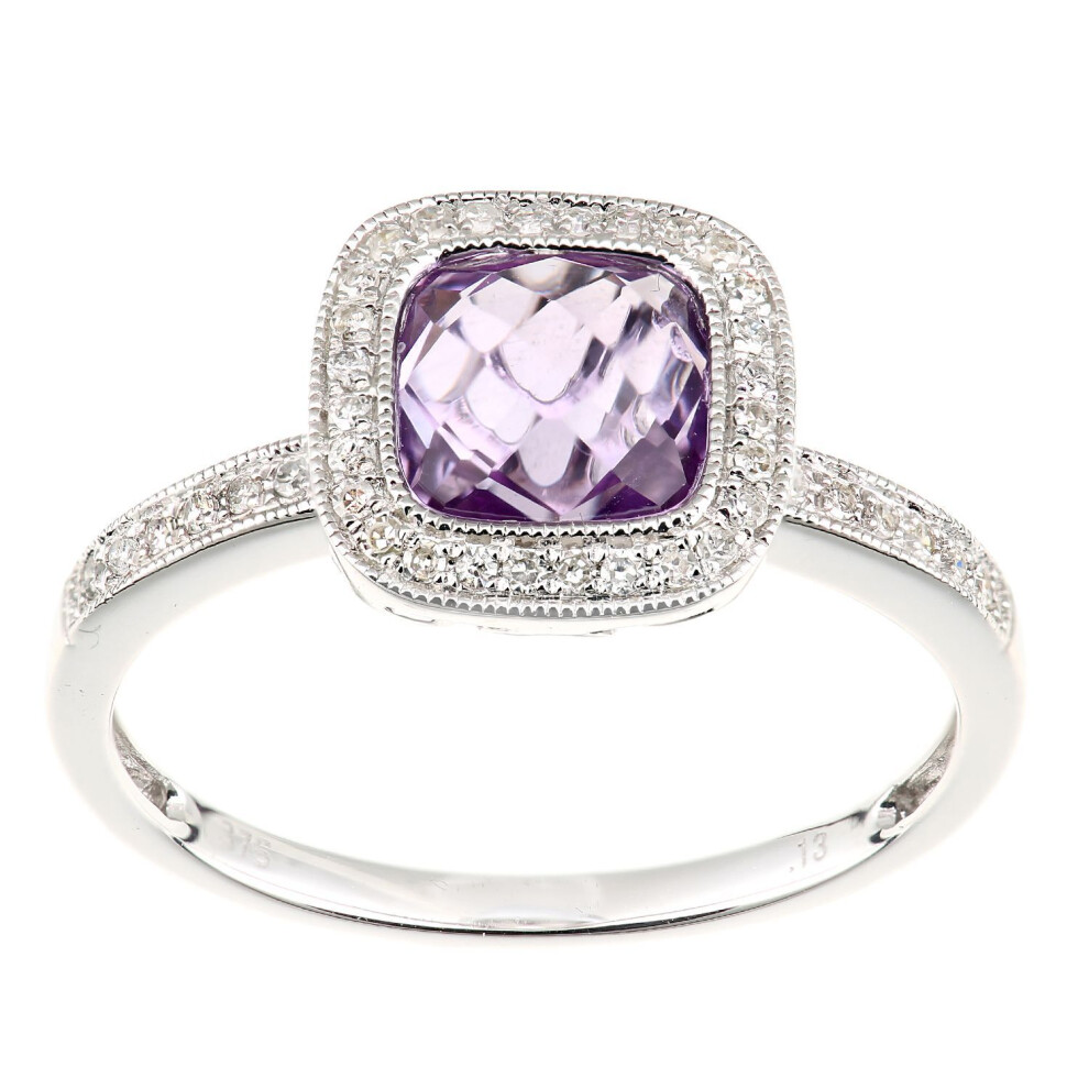 Jewelco London (N) 9Ct White Gold 13Pts Diamond Cushion 1.25Ct Amethyst Square Cushion Beaded Halo Cocktail Ring - Dr1axl679wam