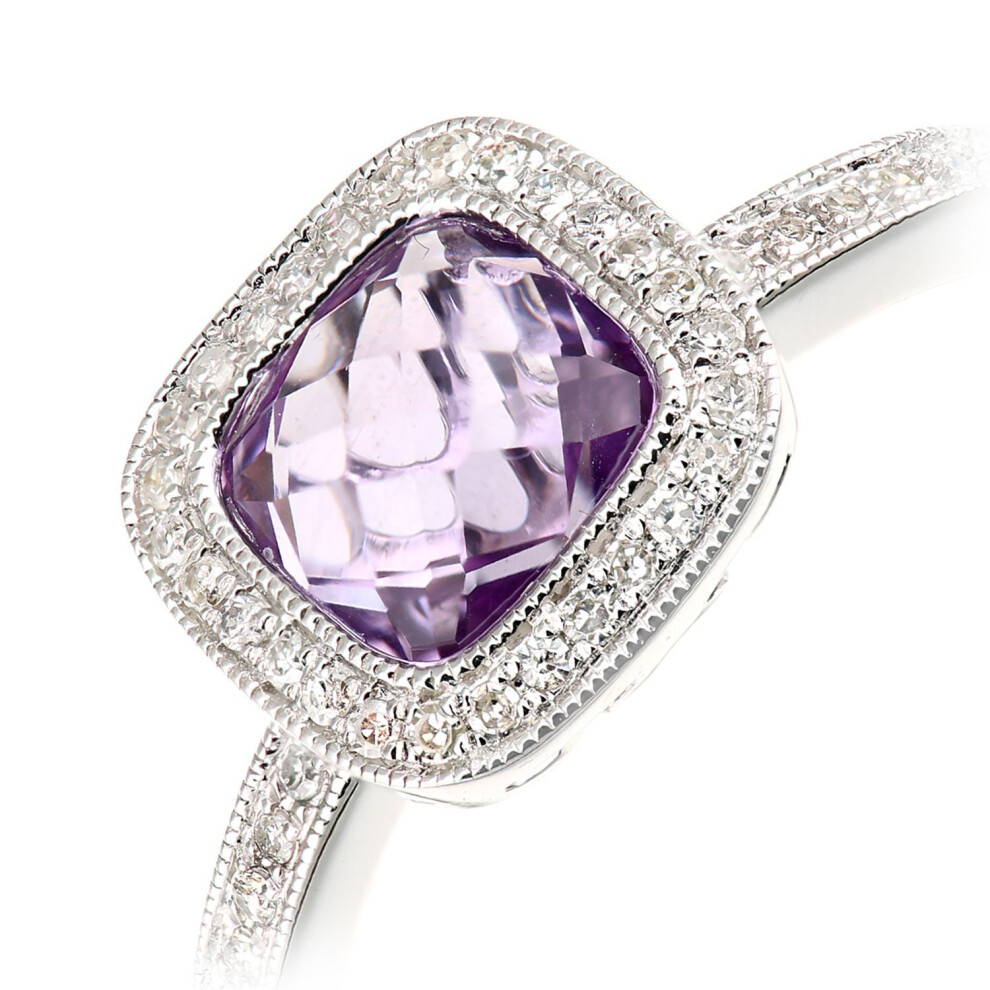Jewelco London (K) 9Ct White Gold 13Pts Diamond Cushion 1.25Ct Amethyst Square Cushion Beaded Halo Cocktail Ring - Dr1axl679wam