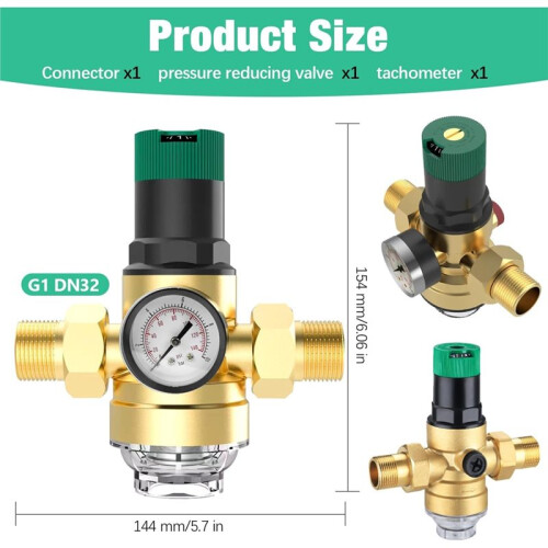 Vattentrycksregulator med Tryckmätare, Vattenfilter, 1" Husanslutning, Tryckreducerare för Vatten 1