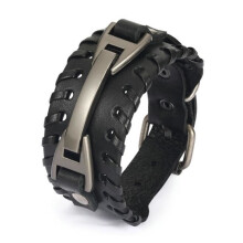 Bracciale rigido in vera pelle nera e acciaio placcato rame argentato lucido - Gioielli rock vintage da uomo - Regolabile