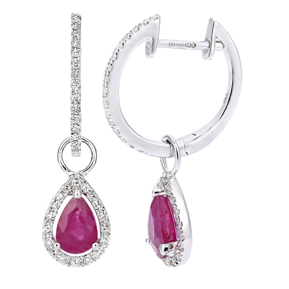 Jewelco London 9Ct White Gold Round 20Pts Diamond Pear 1Ct Ruby Teardrop Drop Earrings - De1axl618wru