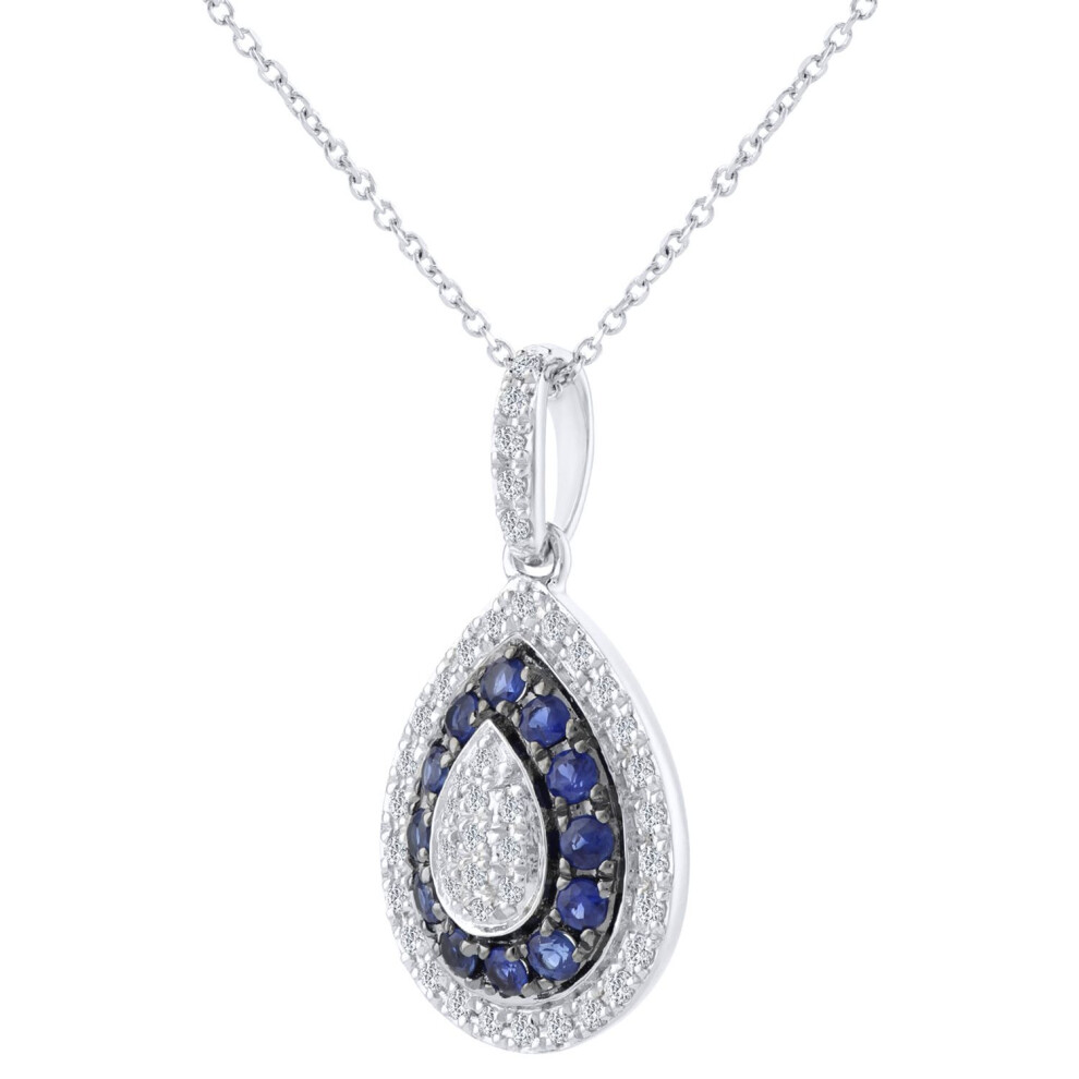 Jewelco London 9Ct White Gold Round 15Pts Diamond Round 0.3Ct Sapphire Teardrop Pendant Necklace 16 Inch 42Cm - Dp1axl412w-Sa