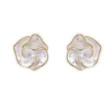 White Enamel Camellia Flower Stud Earrings Gold Outline, 925 Silver Pin Elegant Floral Ear Jewelry Minimal