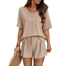 Women's two-piece linen shorts set, vacation , V-neck-Apricot L
