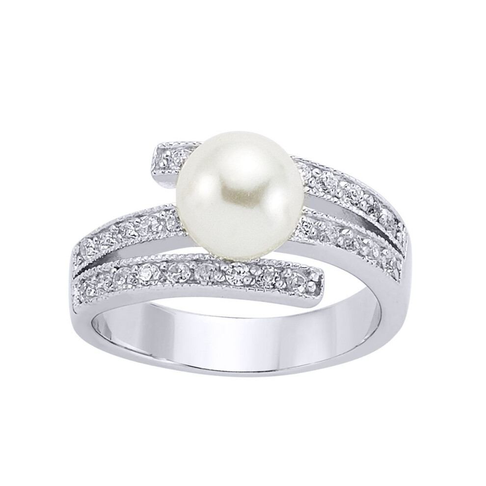 Jewelco London (L) Ladies Sterling Silver Cubic Zirconia & Simulated Pearl Crossover Full Moon Dress Ring 9Mm - Gvr232