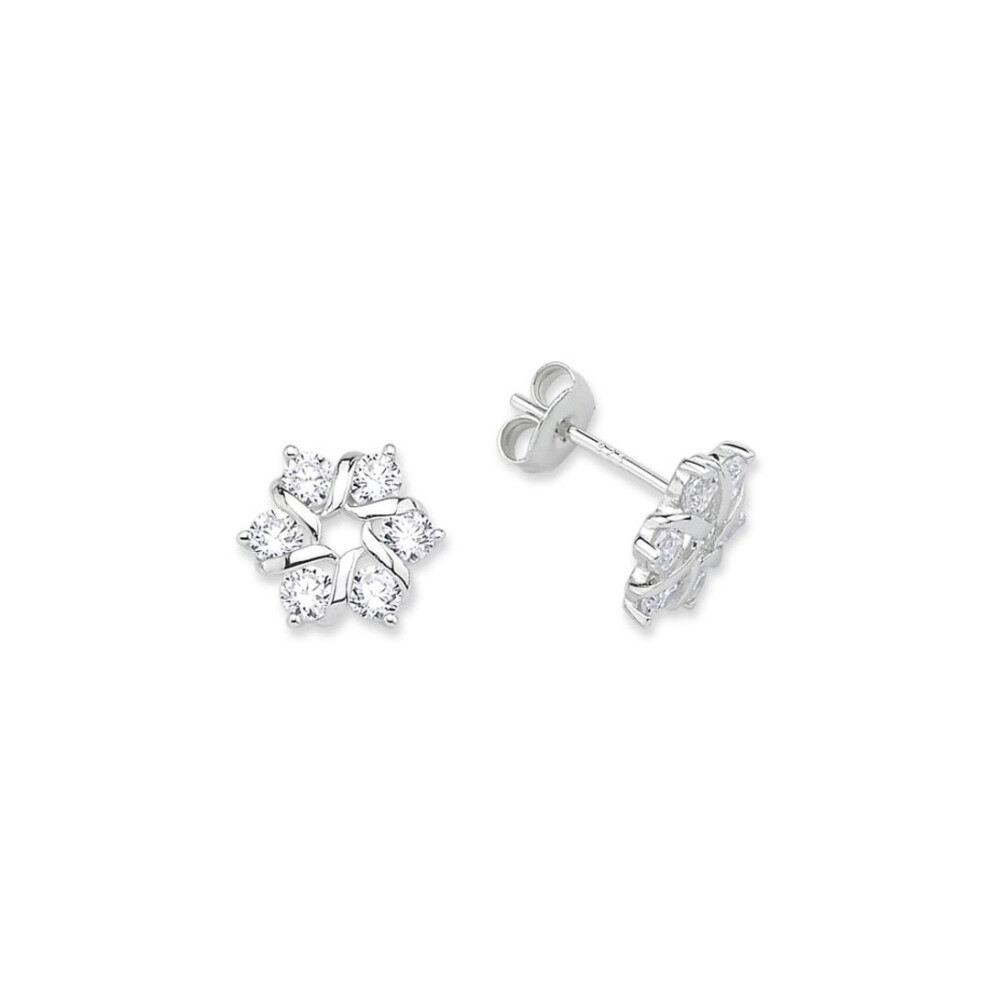 Jewelco London Ladies Sterling Silver Cubic Zirconia 6 Stone Snowflake Cluster Stud Earrings - Gve678