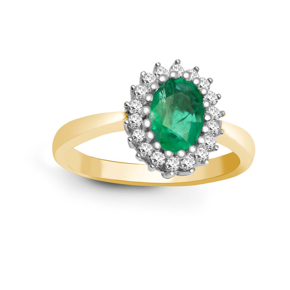 Jewelco London (U) 9Ct Gold H I2 0.23Ct Diamond And Oval Green 0.78Ct Emerald Classic Royal Cluster Ring 11Mm - 9R426