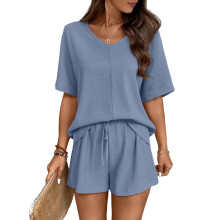 Women's two-piece linen shorts set, vacation , V-neck-Blue XXL