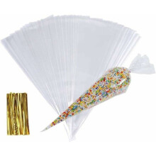 100 Clear Candy Bags in a Cone with 100 Twist Ties for Candy and Gift Packaging, 16 x 30 cm PZCC