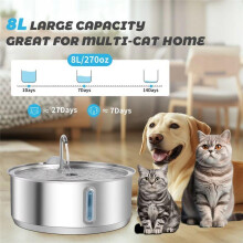 (Silver) ABMH Stainless Steel 8L Large Capacity Cat Water Fountain, Dog Drinking Dispenser with Filter for Pets