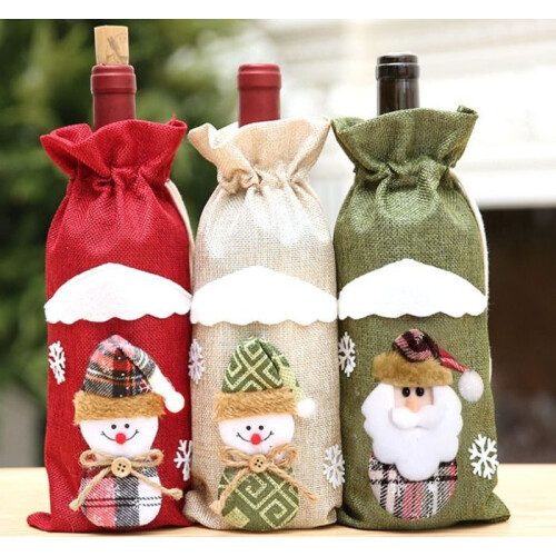 Christmas Wine Bottle Cover, Linen Bag, Champagne, Dining Table Decoration, 3pcs