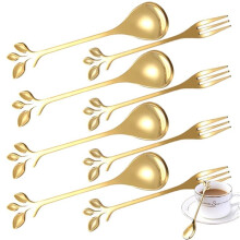 Folk Stainless Steel Coffee Spoons, Golden Branch, Leaves, Fruit, Dessert, Tea, Stirring