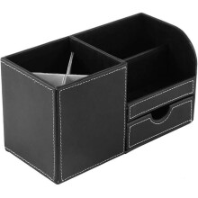 Wooden and leather storage box, desk organizer with drawer for supplies PZCC