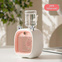 (Pink Sliver Ears) 2400Mah Mini Air Conditioner Portable Desktop Fan Humidifier Purifier 3 Speed 2 Mode Spray Usb Table Fan Car Home Camping Travel