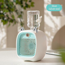 (Blue Sliver Ears) 2400Mah Mini Air Conditioner Portable Desktop Fan Humidifier Purifier 3 Speed 2 Mode Spray Usb Table Fan Car Home Camping Travel