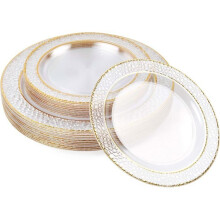 40 Premium Rigid Plastic Plates with Gold Rim (2 Sizes) - Reusable Gold Hard Plastic Plates