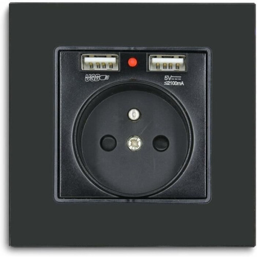 Wall socket with 2 USB ports - ZVD - Black - Rectangular - Flush mount - Double socket - 250V x 16A - 5V x 2.1A