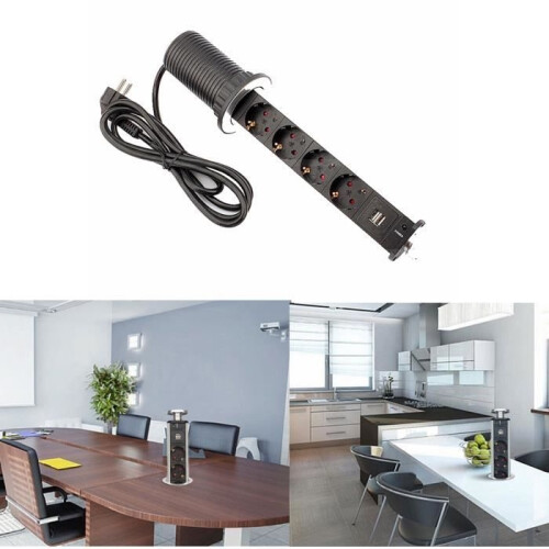Retractable power strip with 4 outlets + 2 USB chargers