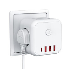 7-in-1 Wall Power Strip - HAUTSTORE - 3 AC Outlets - 4 USB Ports - 4000W 16A - With Switch