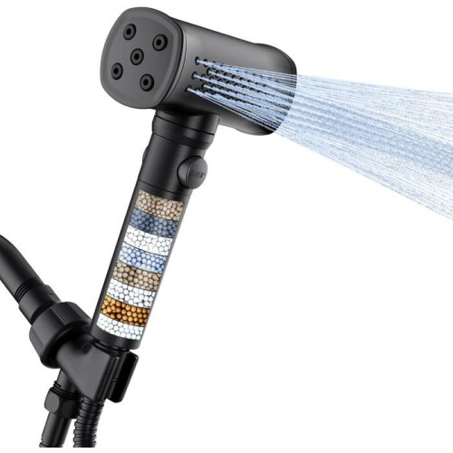 Handheld shower head, eco-friendly, hammer shape, 4 functions, with filter, rustproof ABS, water shut-off, rotary switch (black)
