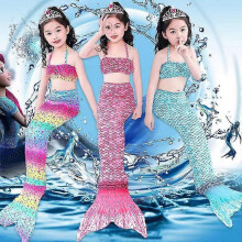 (120CM, Rainbow) kids mermaid tail for girls mermaid swimsuit for swimming children birthday pool party gift