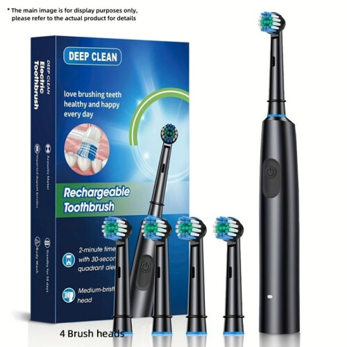 Set of 4 rotating electric toothbrush heads, multiple modes, smart timer - Black