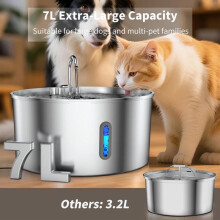 (China power adapter) 7L Stainless Steel Automatic Pet Water Fountain with Round Window Blue LED Night Light for Cats Dogs