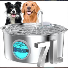 (Uk power adapter) 7L Stainless Steel Automatic Pet Water Fountain with Round Window Blue LED Night Light for Cats Dogs
