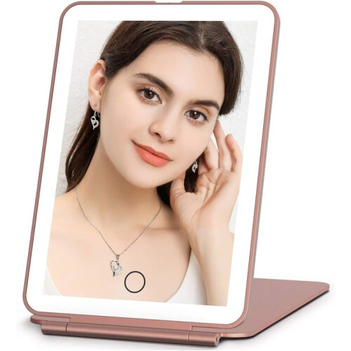 RisingFF Portable LED Makeup Mirror, 3 Light Colors, Adjustable Intensity Touchscreen, Foldable (Pink)