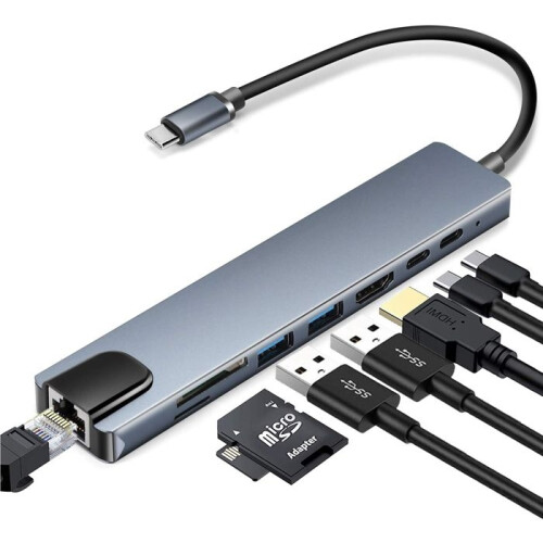 INF Type-C Hub Adapter with 8 Ports Gray