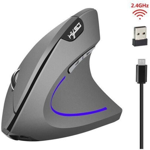 Wireless Vertical Mouse - Gray - 600mAh Rechargeable - 6 Buttons - Ergonomic Comfort