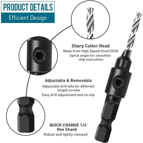 5-Piece Chamfering Drill Bit Set, 1/4" Adjustable Hex Shank Cutter Set with Quick Change, Replaceable Milling Bits 1